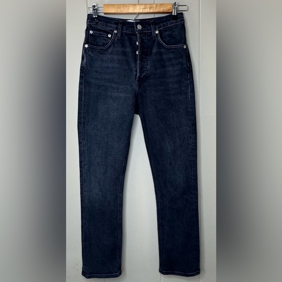 Agolde Riley Button Fly High Rise Crop Straight Black Jeans Size 24 - Picture 2 of 15